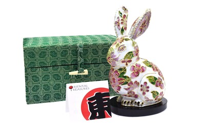 Cloisonné Rabbit on Wood Base White Pink Flowers 4.75'' in Gift Box