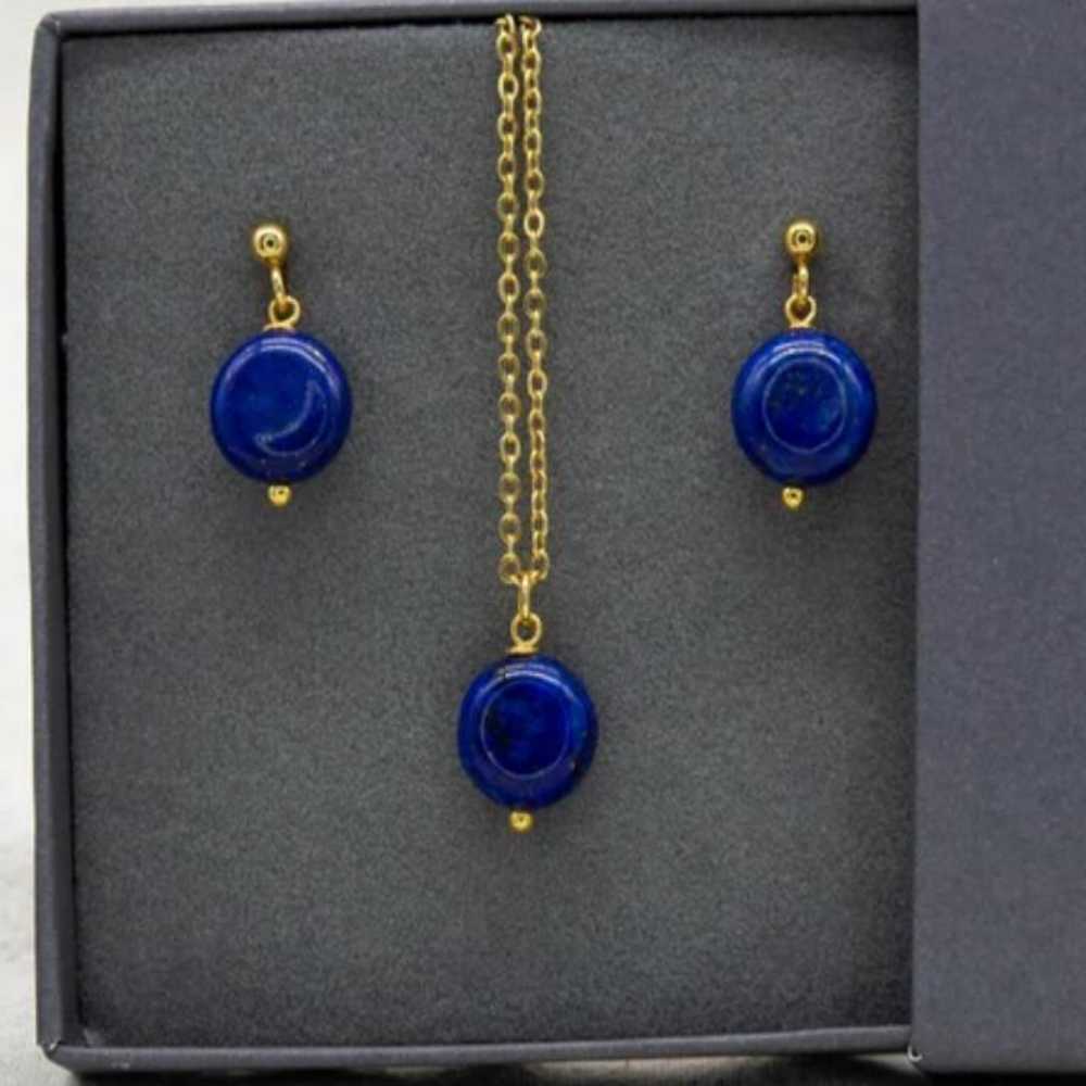 Natural Lapis Lazuli Coin Beads Earrings Pendant Set Cross Women Pendants Charms