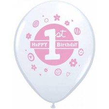 First 1st Birthday Party Pink White Girl Latex Balloons 5 Count Baby 11" Shower