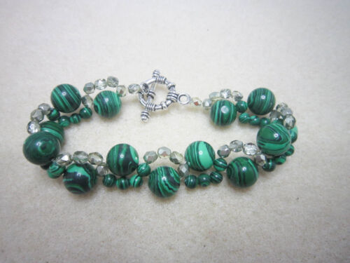 Bracelet fait main pour femmes pierres précieuses malachite, 20 cm, fermeture bâillon, vert - Photo 1/5