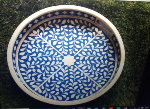 Handmade Bone Inlay Vintage Antique Decorative Round Floral Tray - Picture 1 of 12