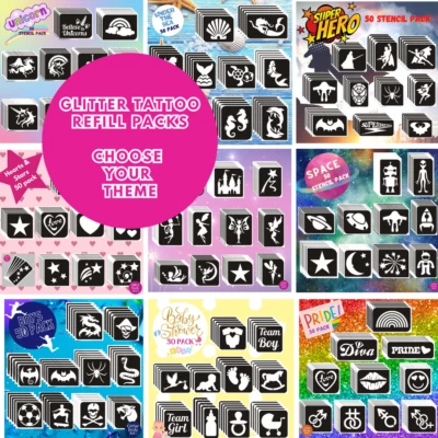 GLITTER BODY ART LTD Glitter Tattoo Stencils Refill Pack - 50 Glitter Tattoo Stencils - Themed design
