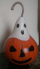 Vintage Hand Painted Halloween Ghost Jack-O-Lantern Pumpkin Gourd 12" x 8" Decor