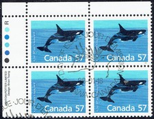 Canada #1173 Killer Whale (1988) 57¢ Used Plate Block UL FDC Cancel 120P4