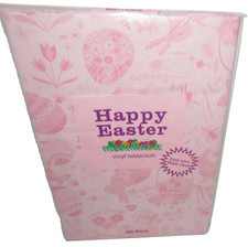 EASTER Vinyl Tablecloth Easter Bunny and Egg Silhouette's 60" ROUND PINK