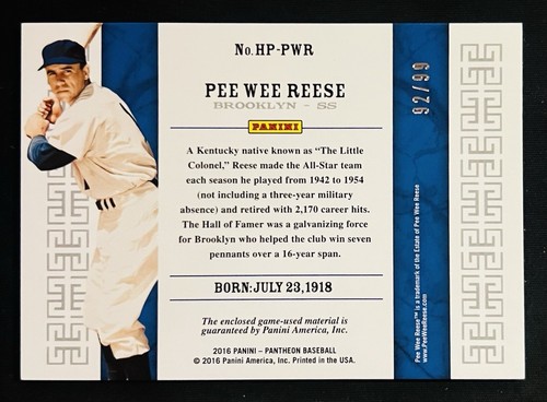 2016 Panini Pantheon Pee Wee Reese Honored and Privileged Game Used Jersey 92/99 - Picture 2 of 2