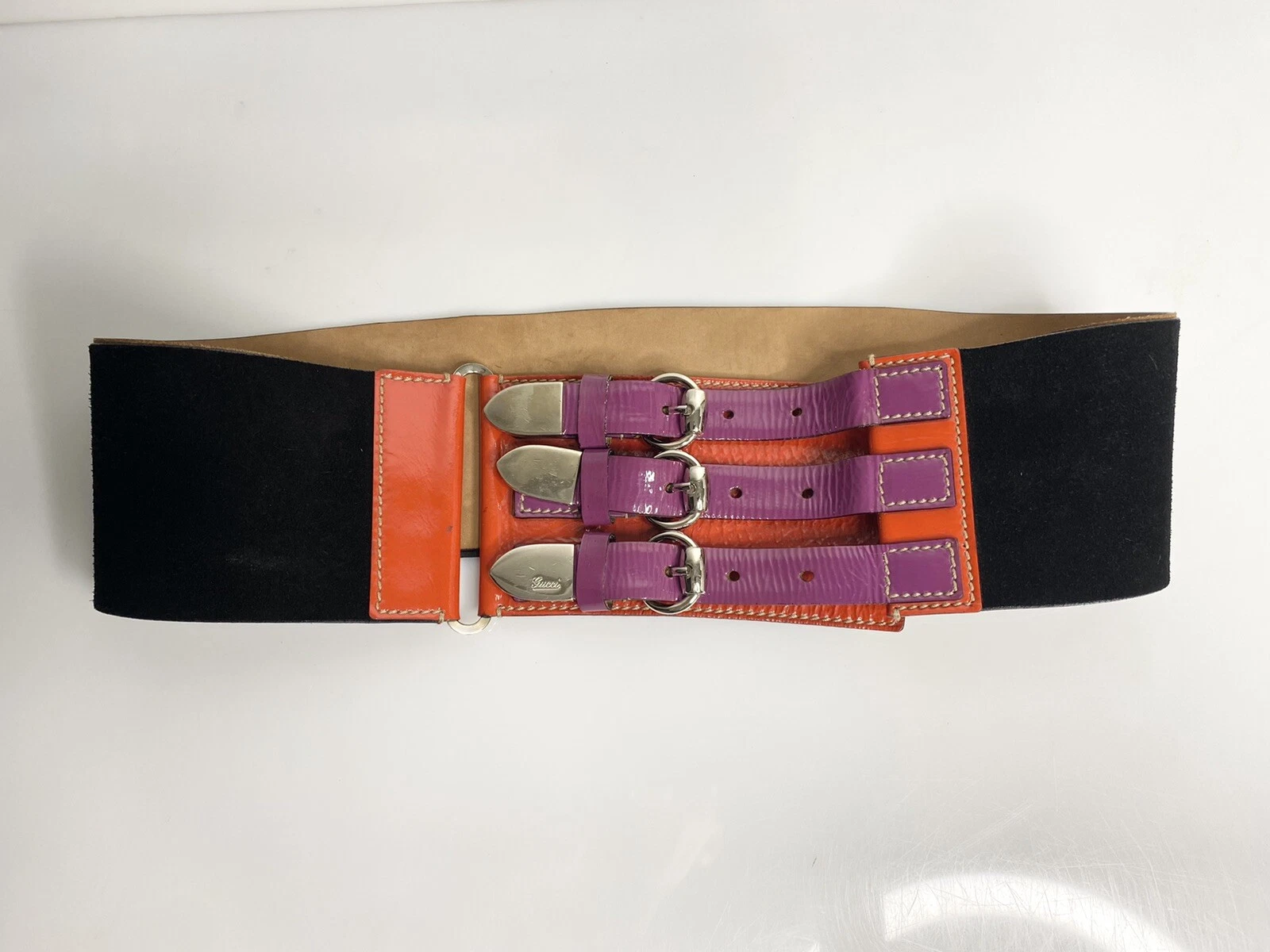 Vintage Gucci ceinture large cuir noir violet taille 32 pouces