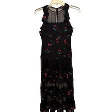 Express Black Floral Tiered Midi Dress Ruffle Illusion Mesh Neck Womens 4