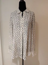 Boden Women's Button Up Shirt 100% Silk White Navy Blue Polka Dots Sheer Size 6