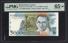 Brazil 5 CN on 5000 Cruzados ND(1989) P217b Uncirculated Grade 65 Star