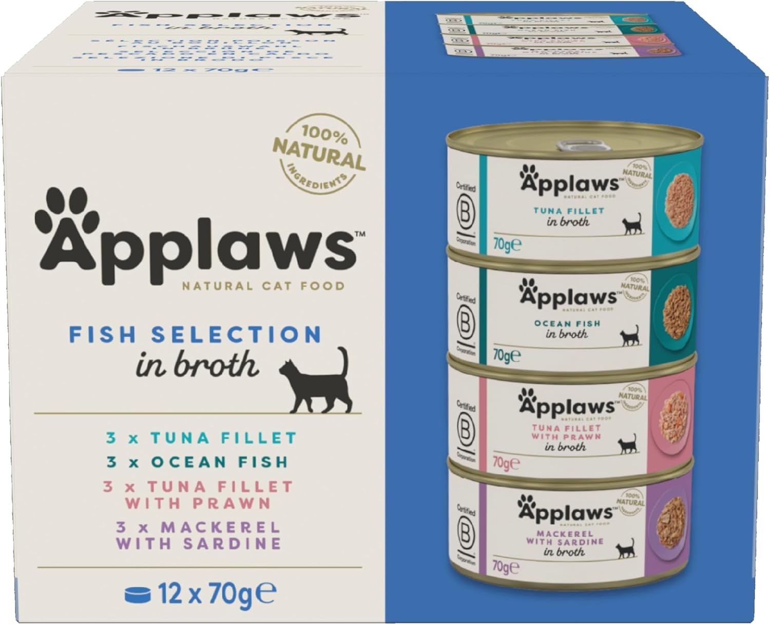Applaws Natural Wet Cat Food, Multipack Fish Selection in Broth 70 G Tin (Pack o