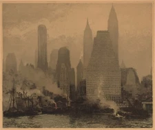 Luigi Kasimir  "Fog and Mist" Manhattan East river NYC signed color Etching