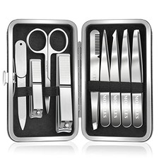 Tweezers and Nail Clipper Set with Case for Men Women, 9 Pcs C-silver