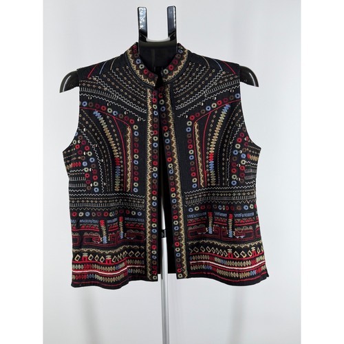 Chicos Embroidered Snap Front Vest Black Multi Color Boho Tribal Geometric Sz 1