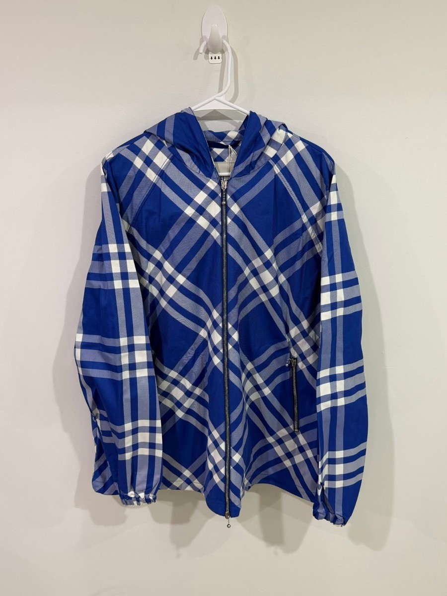 Burberry Knight Check Hooded Windbreaker Jacket Blue White XL