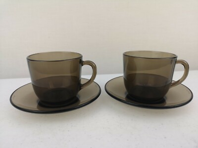 Vintage 4 Stück Vereco gehärtetes Rauchglas Tasse & Untertasse Set sehr guter Zustand