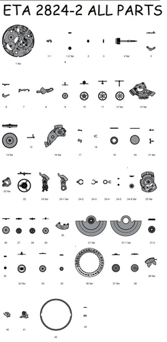 ETA 2824-2  all parts for movement - balance wheel - mainspring - incabloc swiss