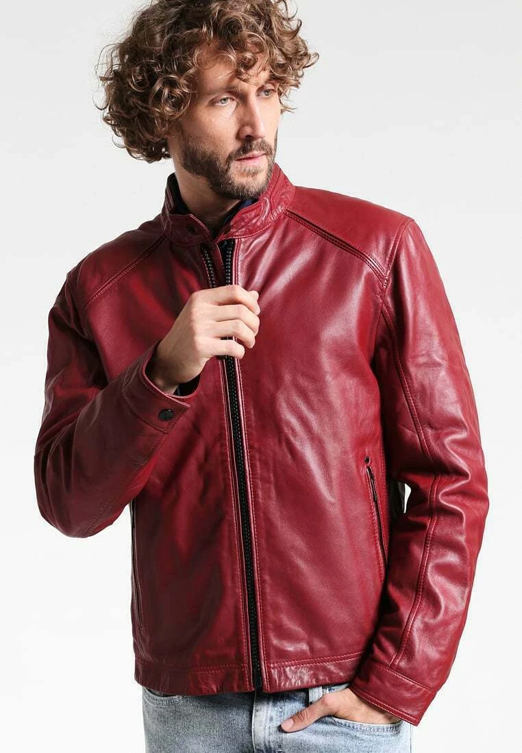 NOORA Men's Red Lambskin Leather Biker Jacket, Party & Casual Rider Jacket