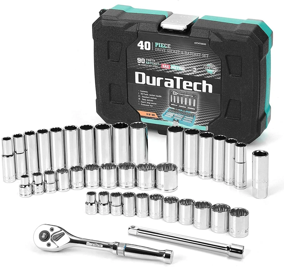 DURATECH 40 PC 3/8"Drive Socket Tool Set SAE/Metric Ratchet Handle Extension Bar - Image 2 of 4
