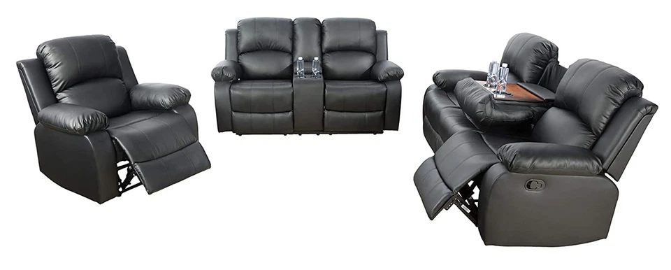 NEW 3PC Sofa Loveseat Chair Black Leather Living Room 5-Seater Recliners Set - Image 4 of 4