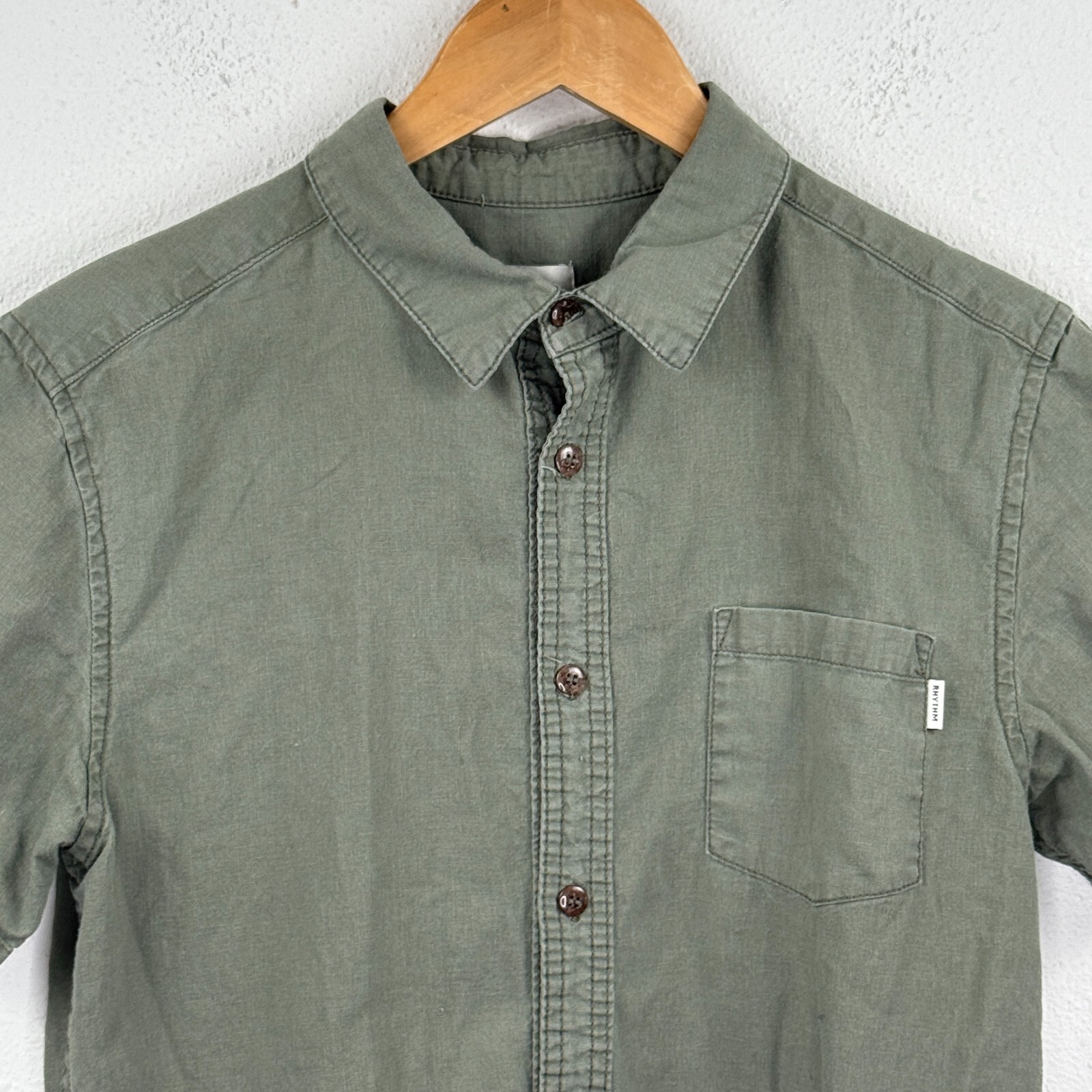 Rhythm Shirt Small Green Solid Button Up Short Sl… - image 2