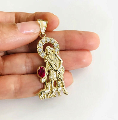 Solid 10K Yellow Gold 1.8'' Saint Lazarus Pendant Ruby Gemstone Lazaro Charm- G67