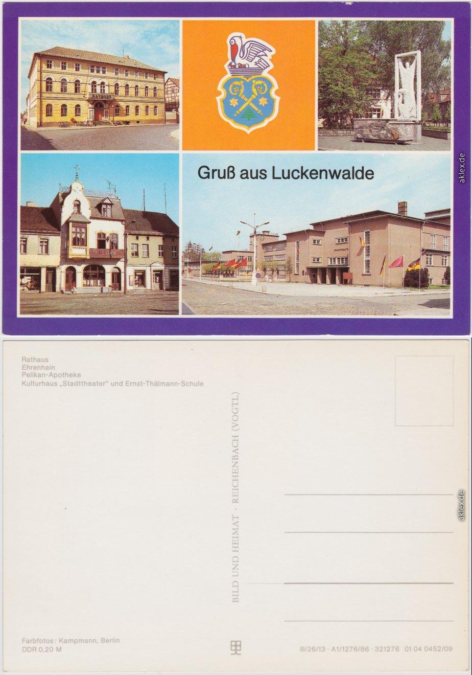 Luckenwalde Rathaus, Ehrenhain, Pelikan-Apotheke, Kulturhaus, Schule 1986
