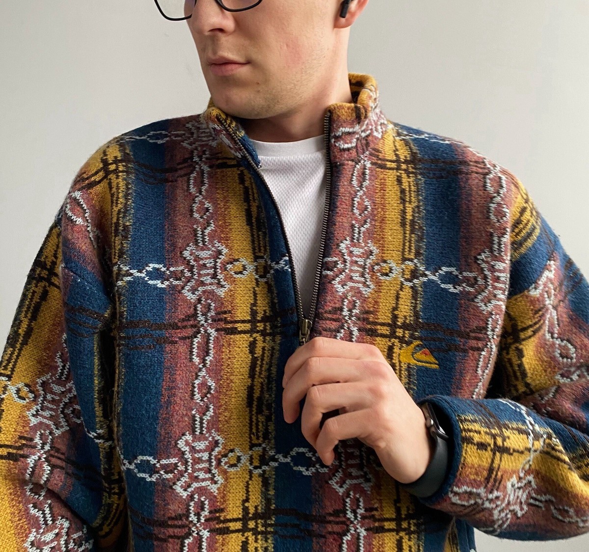 Vintage 80s Quiksilver Knitting Printed Half Zip Jacket Size M