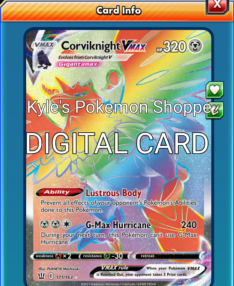 Corviknight VMAX V MAX RR RAINBOW RARE Pokemon TCG Online PTCGO 171/163 |  eBay