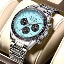 LIGE Men Quartz Analog Watch Chronograph Silver Steel Wristwatch Male Date Watch