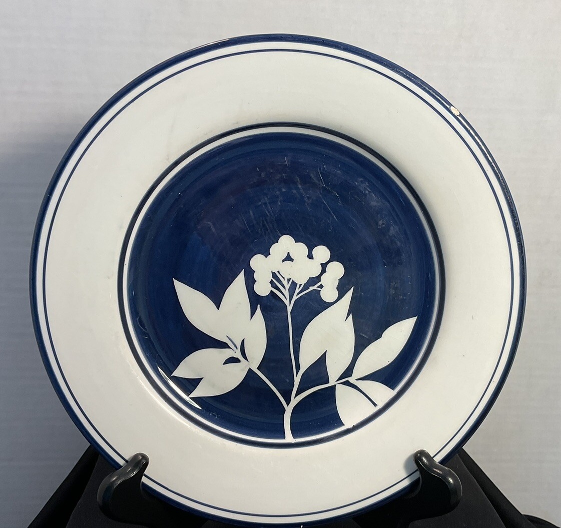 Sureau By Dansk  9” Lunch Or Salad Plates Cobalt Blue White Leaves Lot Of 3