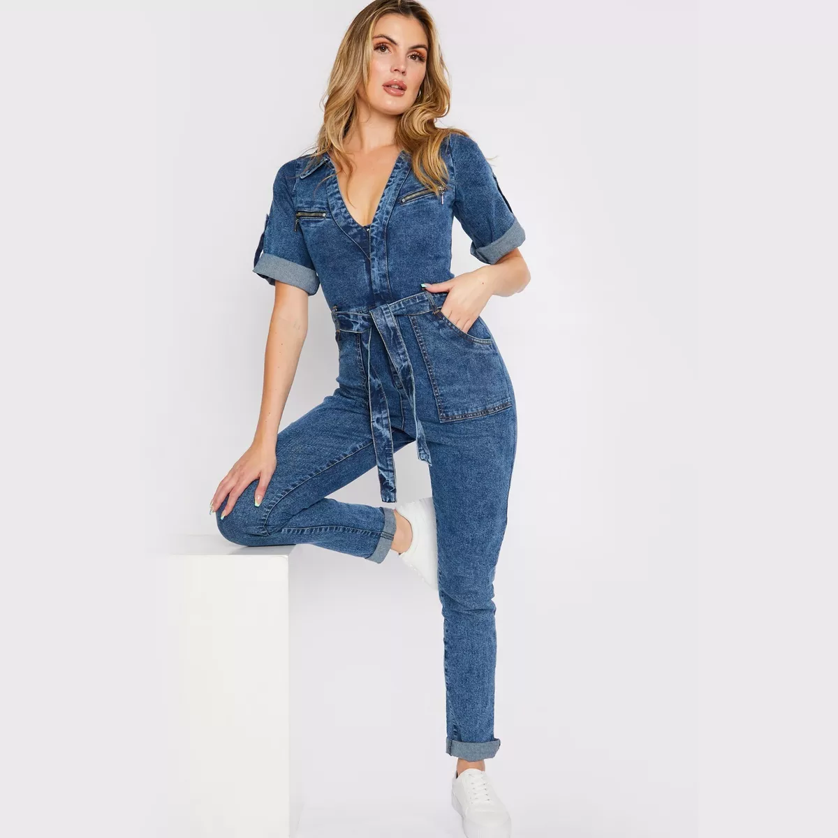 Womens Ladies Denim Jumpsuit Blue Acid Wash Stretch Zip Playsuit