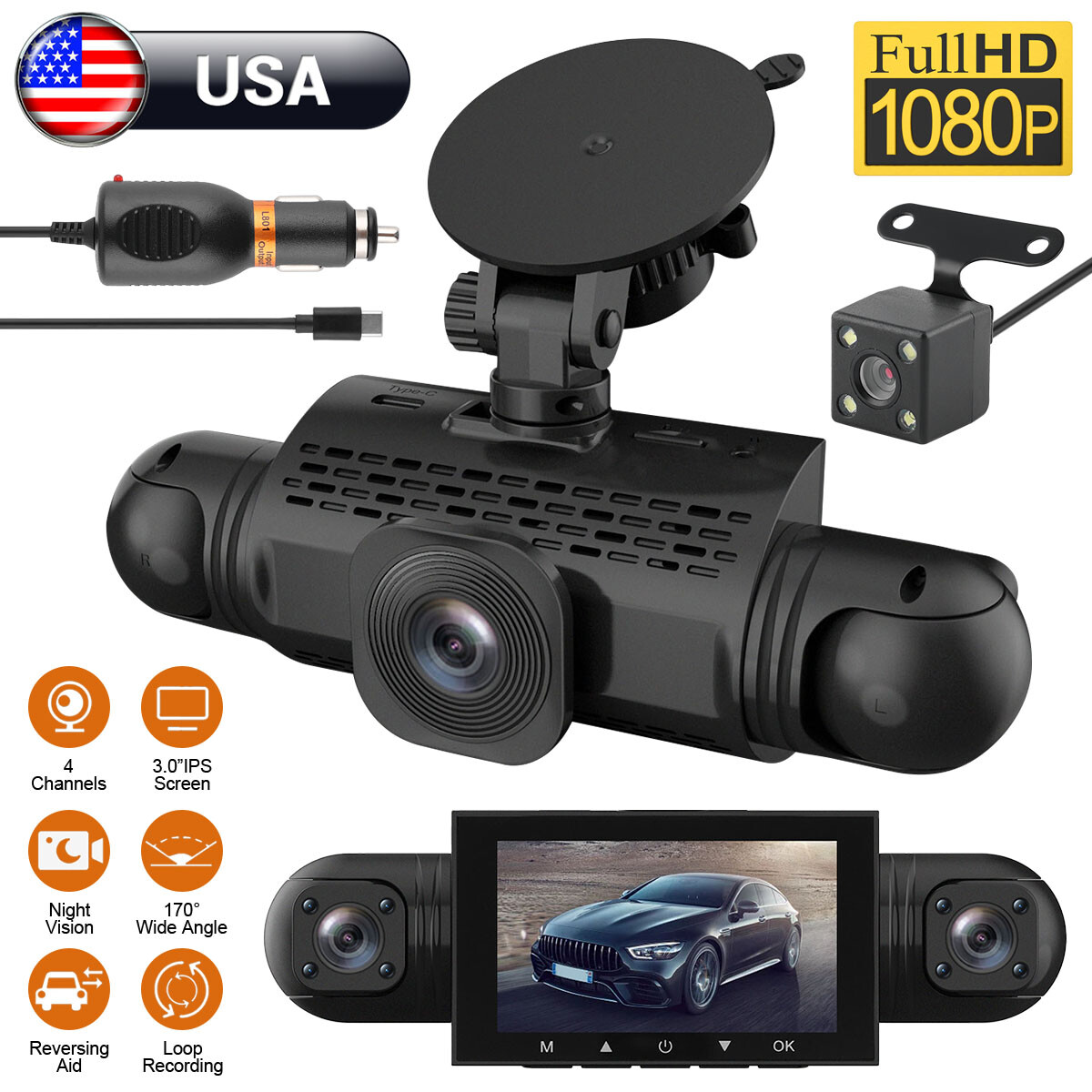 4-Channel 360° 4K Dash Cam With G-Sensor & 64GB - 3-Inch IPS Display Car DVR Recorder