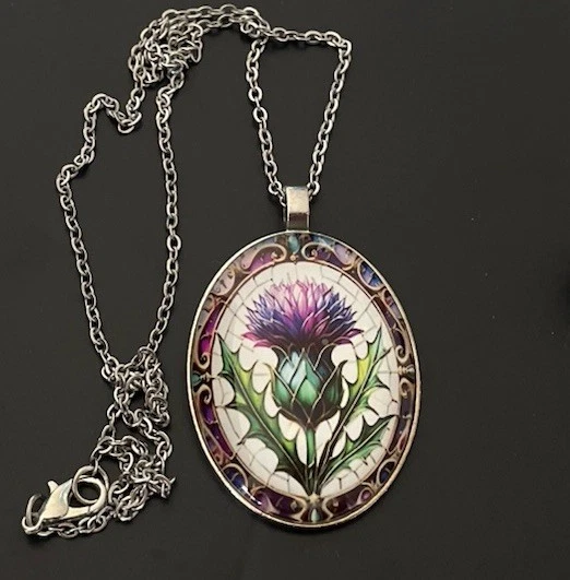 Vintage Style Scottish Purple Thistle Cabochon Necklace- Brand New — 第 3/4 张图片