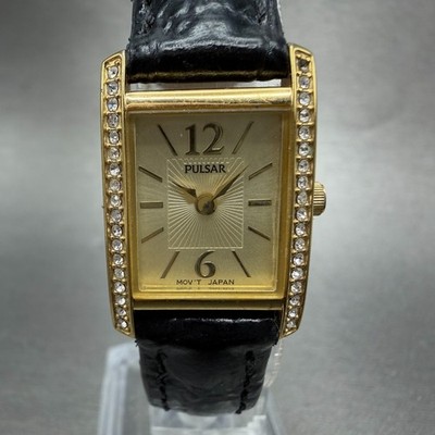 Seiko Pulsar Tank Watch Women 18mm Champagne Dial Gold Tone 1N00-X265 NewBattery
