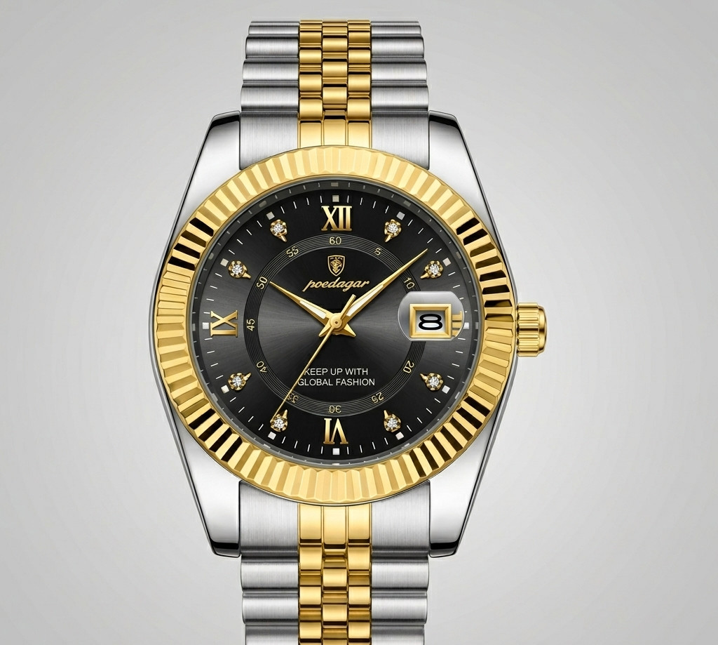 Montre homme luxe quartz étanche acier inoxydable lumineuse or