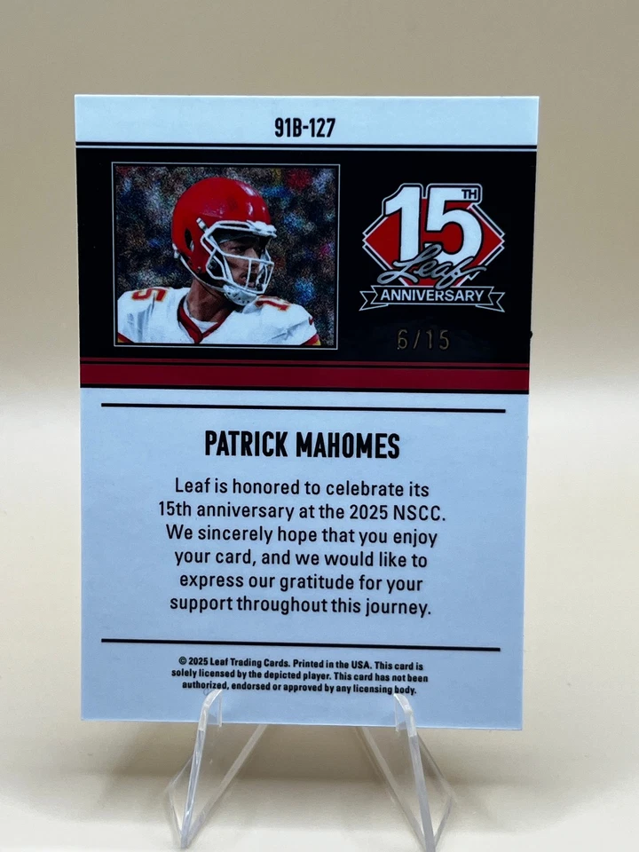 2025 Leaf NSCC 15th Anniversary 1990 PATRICK MAHOMES Silver Shimmer #6/15 - Image 2 of 2