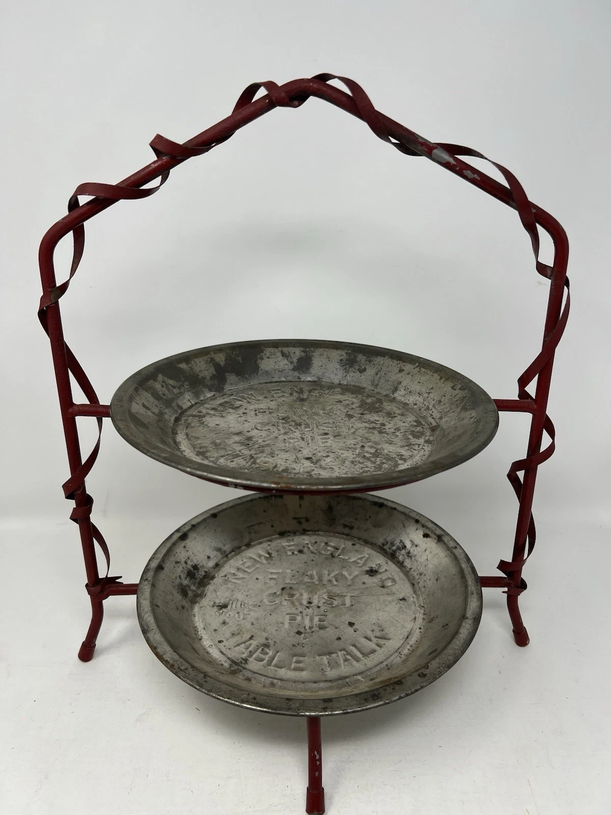 Antique Primitive RED Diner Countertop 2-tier Pie Rack w/2 Pie Tins All Original