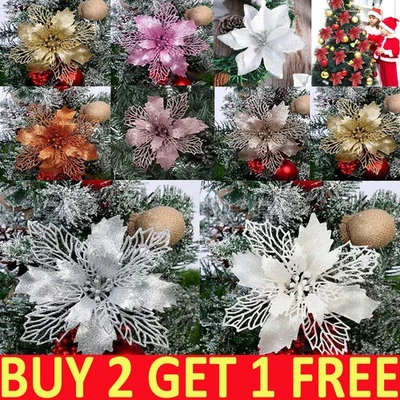 10PCS Christmas Large Poinsettia Glitter Flower Tree Hanging Party Xmas Decor UK