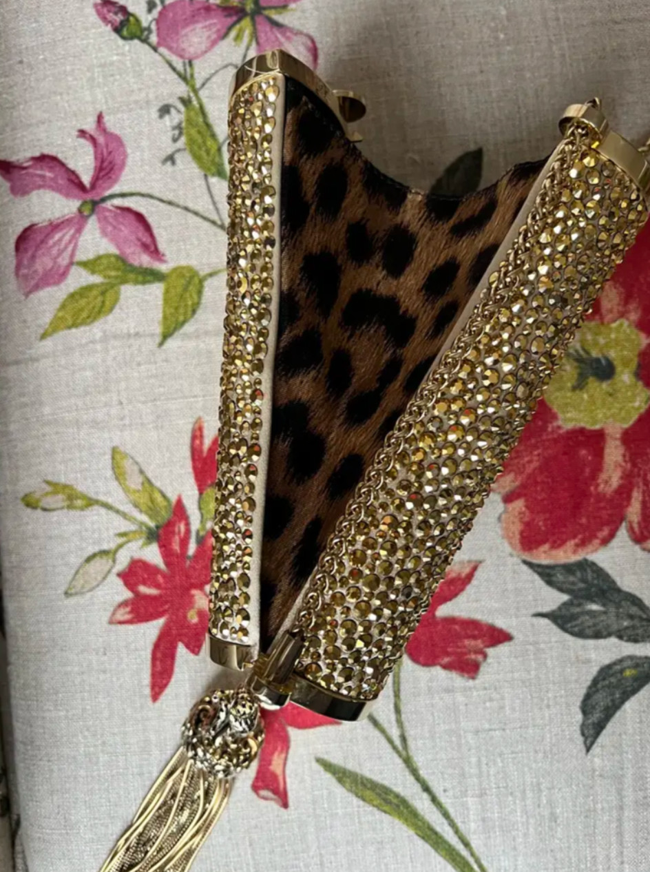 Exotic Roberto Cavalli Gold Sequin Cheetah Clutch on Chain with Leopard Interior image 3