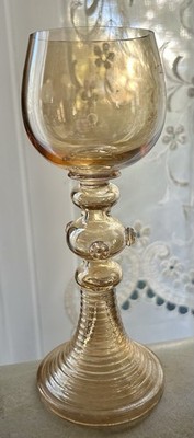 (2) Antique 19th C. German Bohemian Amber Roemer Wine Glass w/raspberry prunts