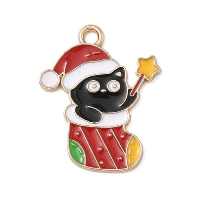 10 schwarze Katze im Weihnachtsstrumpf goldfarbene Anhänger & Emaille-Detail