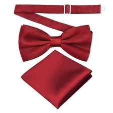 Solid Color Pre-tied Bow Tie and Pocket Square Men's Adjustable Bowtie Wine Red