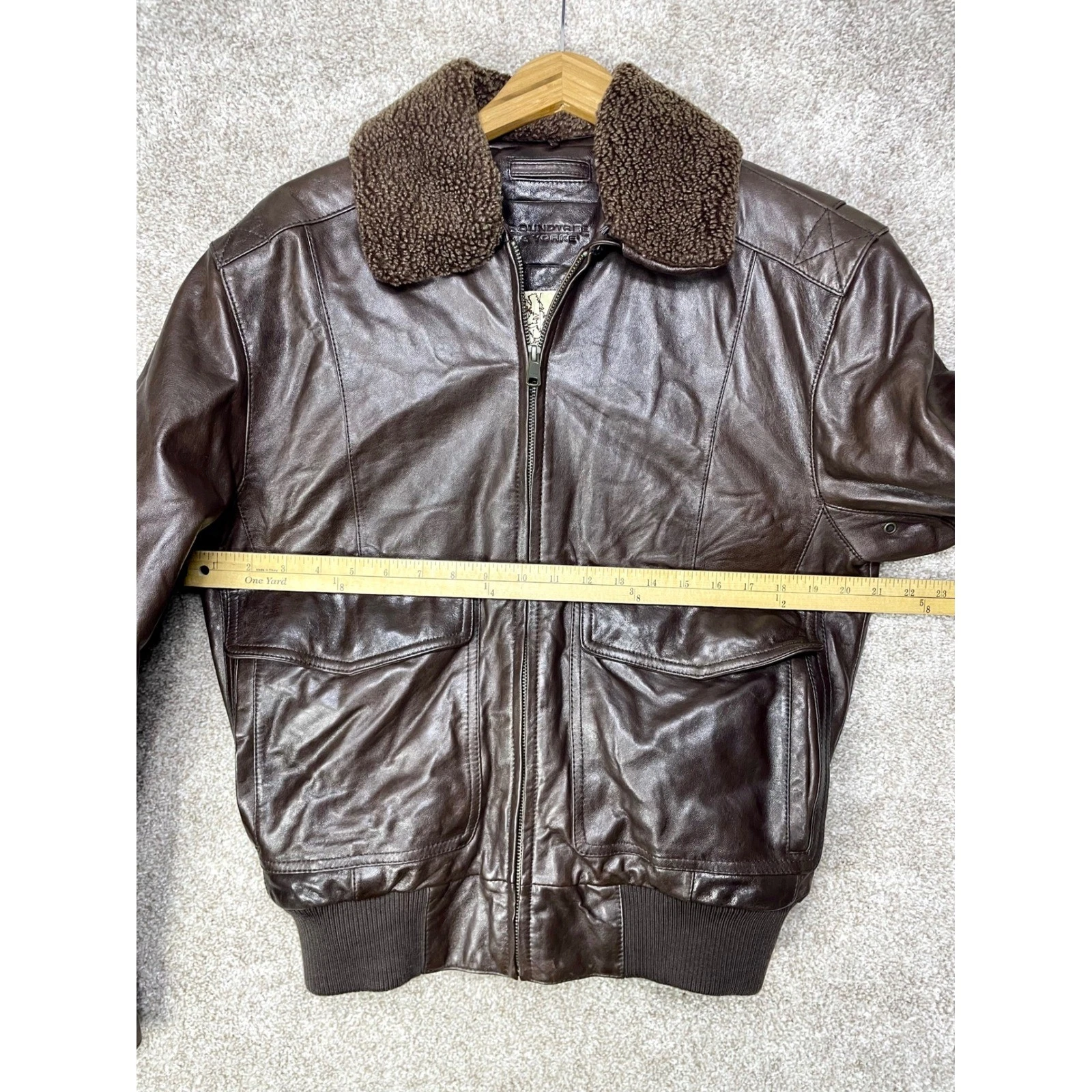 Roundtree & Yorke Lambskin Leather Bomber Jacket Mens S Brown Aviator Fur Moto - product detail image 7