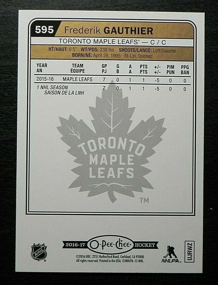 2016-17 16/17 O-Pee-Chee RAINBOW Marquee ROOKIE #595 Frederik Gauthier Leafs - Image 2 of 2