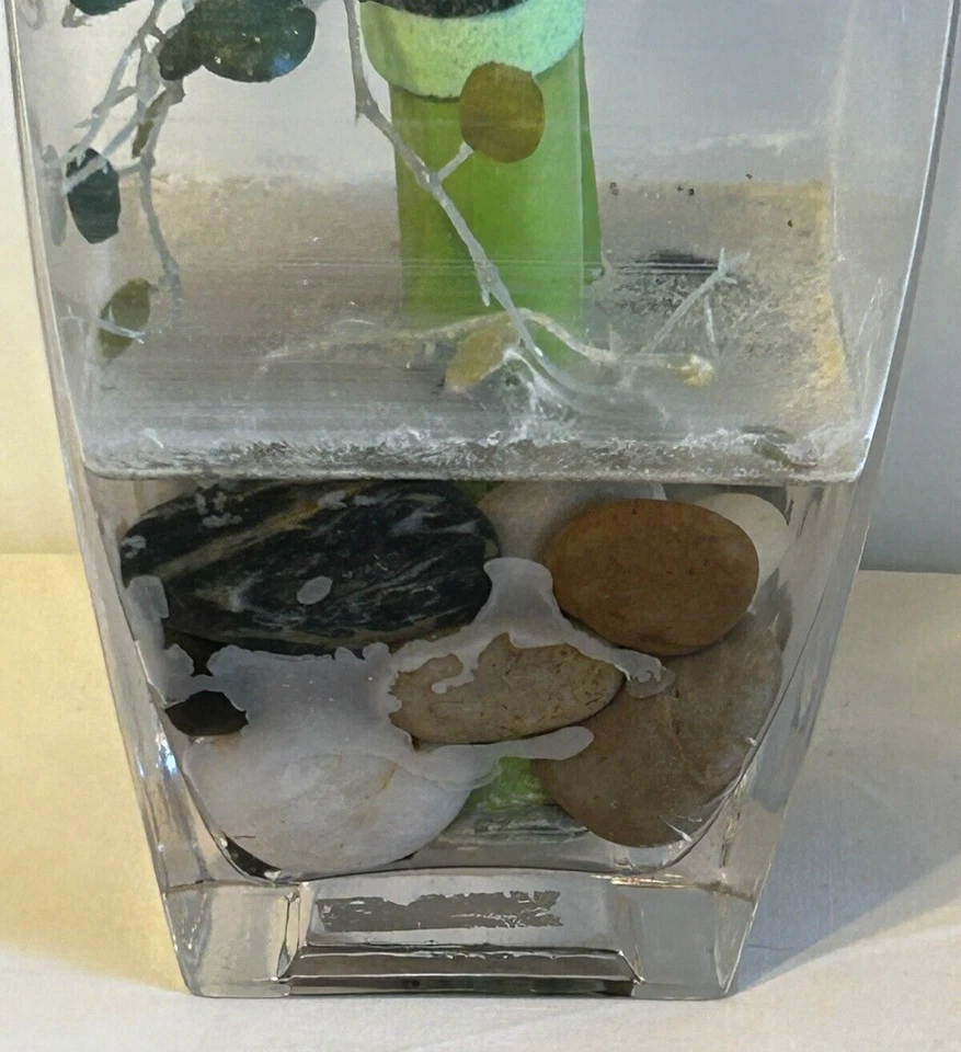 large thick Clear glass planter/vase  with faux plant Terrarium? rock bottom 14" - Image 3 of 4