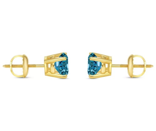 2 Ct Round Blue VS Lab Grown Diamond 14K Yellow Gold Earrings Studs Screw Back - Picture 3 of 4