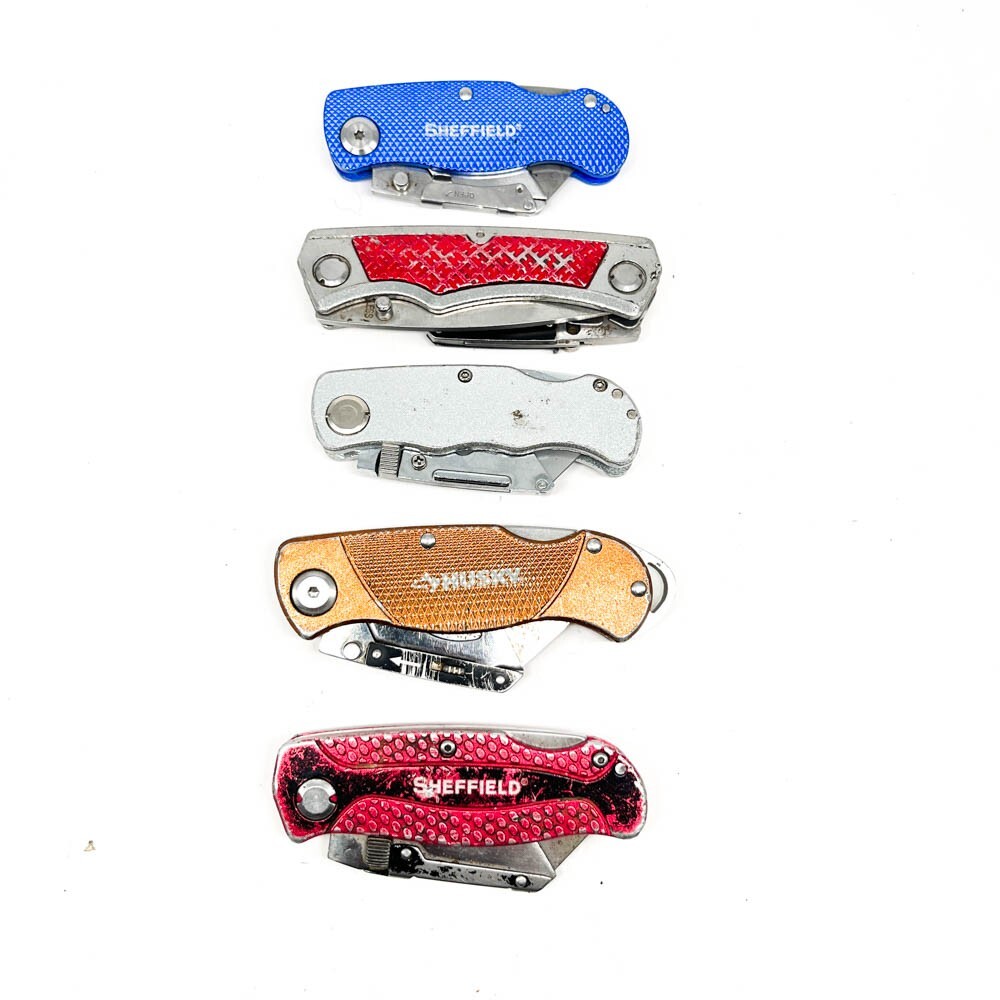 5 pcs Sheffield, Husky, Heavy Duty Folding Utility Knife, Box Cutters