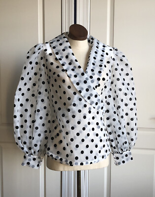Ladies Sheer White/Black Dot Chiffon Blouse By Secrets In Lace Long Sleeve Med