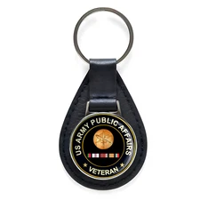 US Army Public Affairs Veteran Black Leather Keychain Silver Keyring
